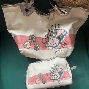 Coach Pink and Cream Tote Bag and Cosmetic Bag with Shell Design